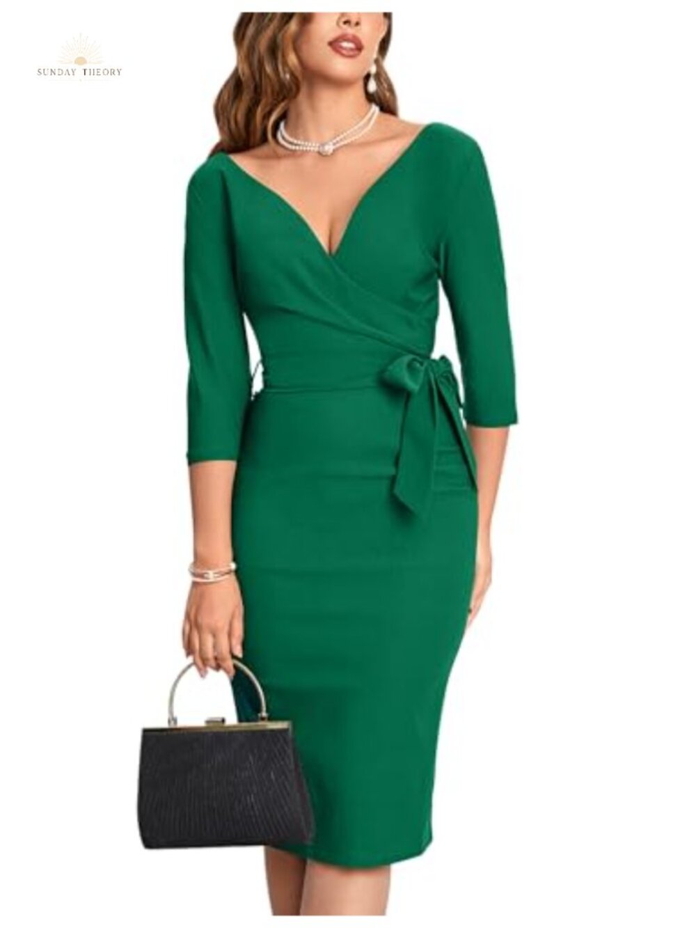 Vintage Faux Wrap V Neck 3/4 Sleeve Belted Party Work Dress